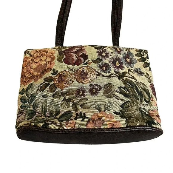Vintage Bueno Tapestry Cottage Bag Shoulder Handbag Floral Brown Purse Medium - Picture 3 of 10